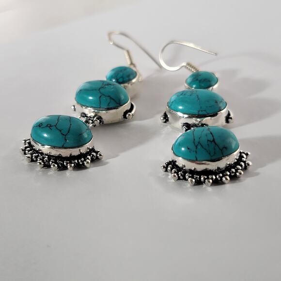 Turquoise Colored Gemstone Sterling Silver Dangle Earrings - Picture 6 of 10